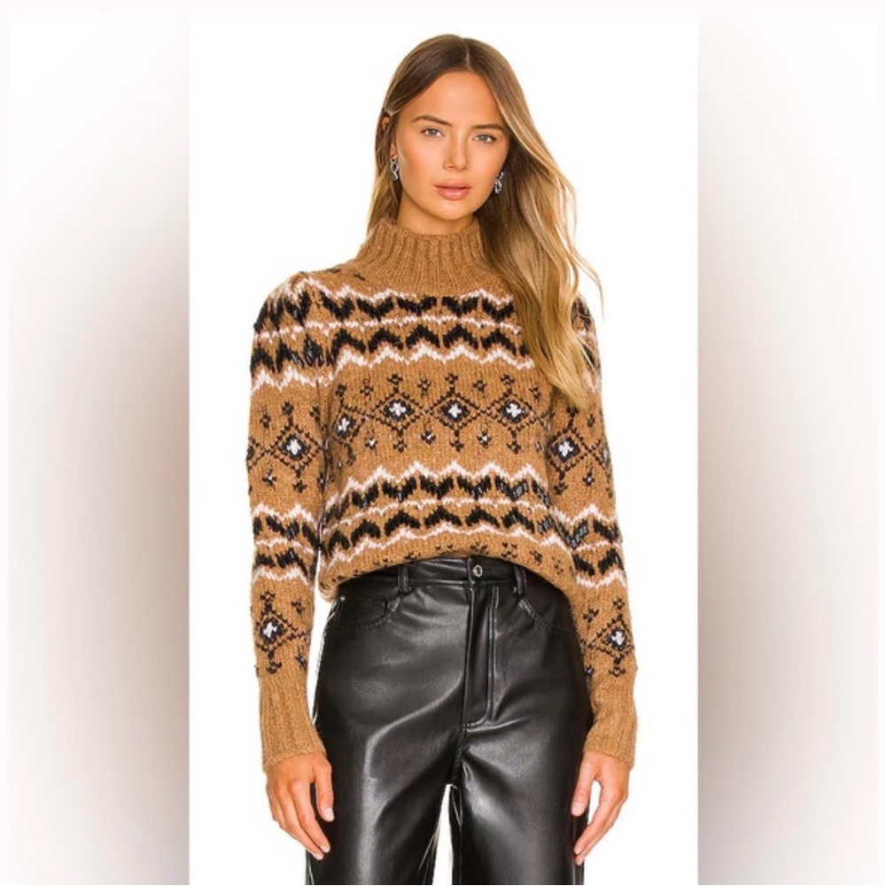 Veronica Beard Camel and Black Fair Isle Turtleneck Sweater